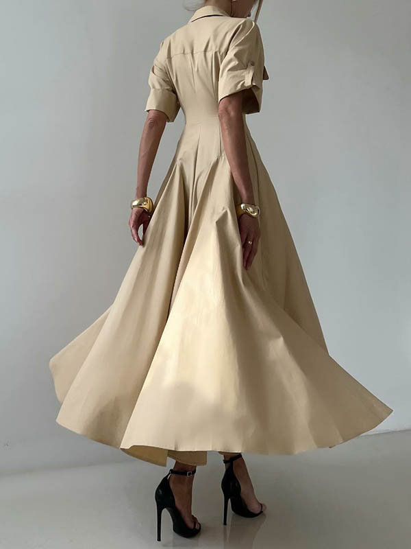 Short Sleeves Buttoned Solid Color Lapel Maxi Dresses Shirt Dress