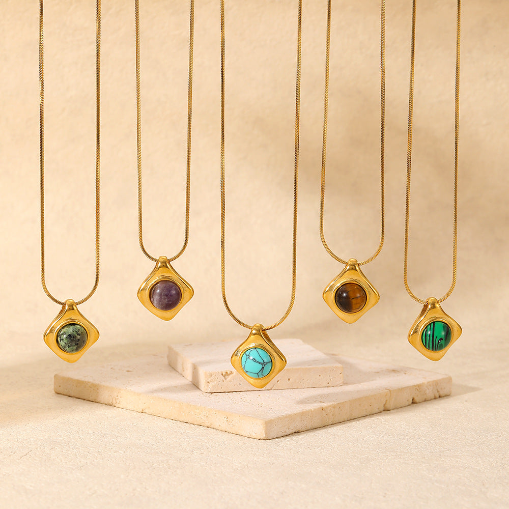 French Retro Style Tiger Eye Turquoise Natural Stone Pendant Necklace Stainless Steel 18K Gold Plated Clavicle Chain