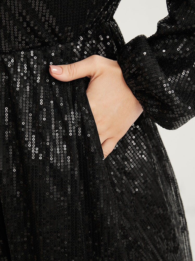 Solid Lantern Sleeve Pocket Wrap Sequin Maxi Dress