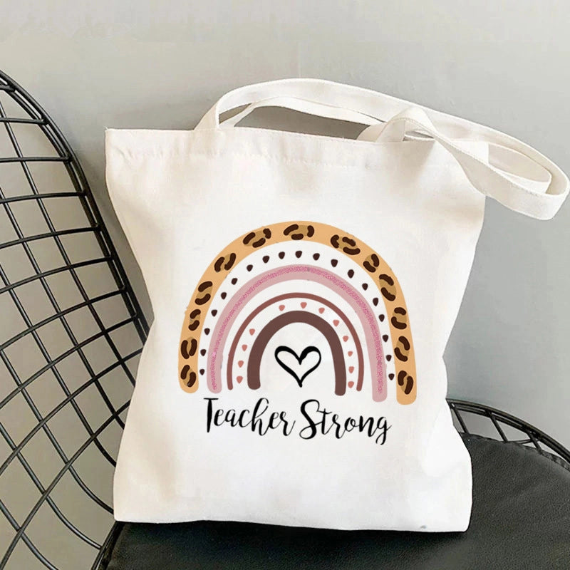 Hot Selling Kawaii Heart-shaped Printed Tote Bag For Teachers And Students One-shoulder Large Capacity White Cotton Bag