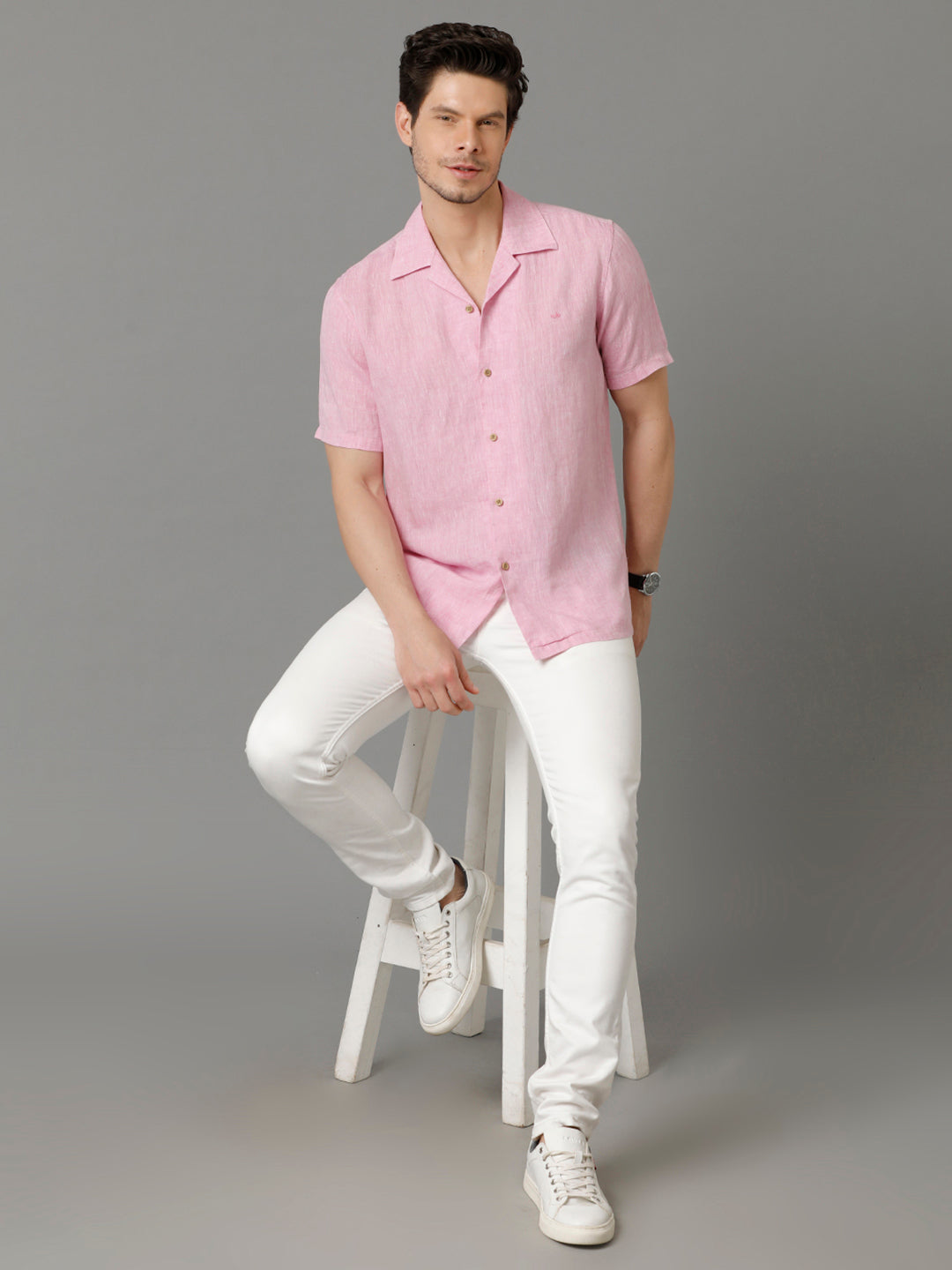 Mens Regular Fit Solid Pink Casual Linen Shirt (LUCA)