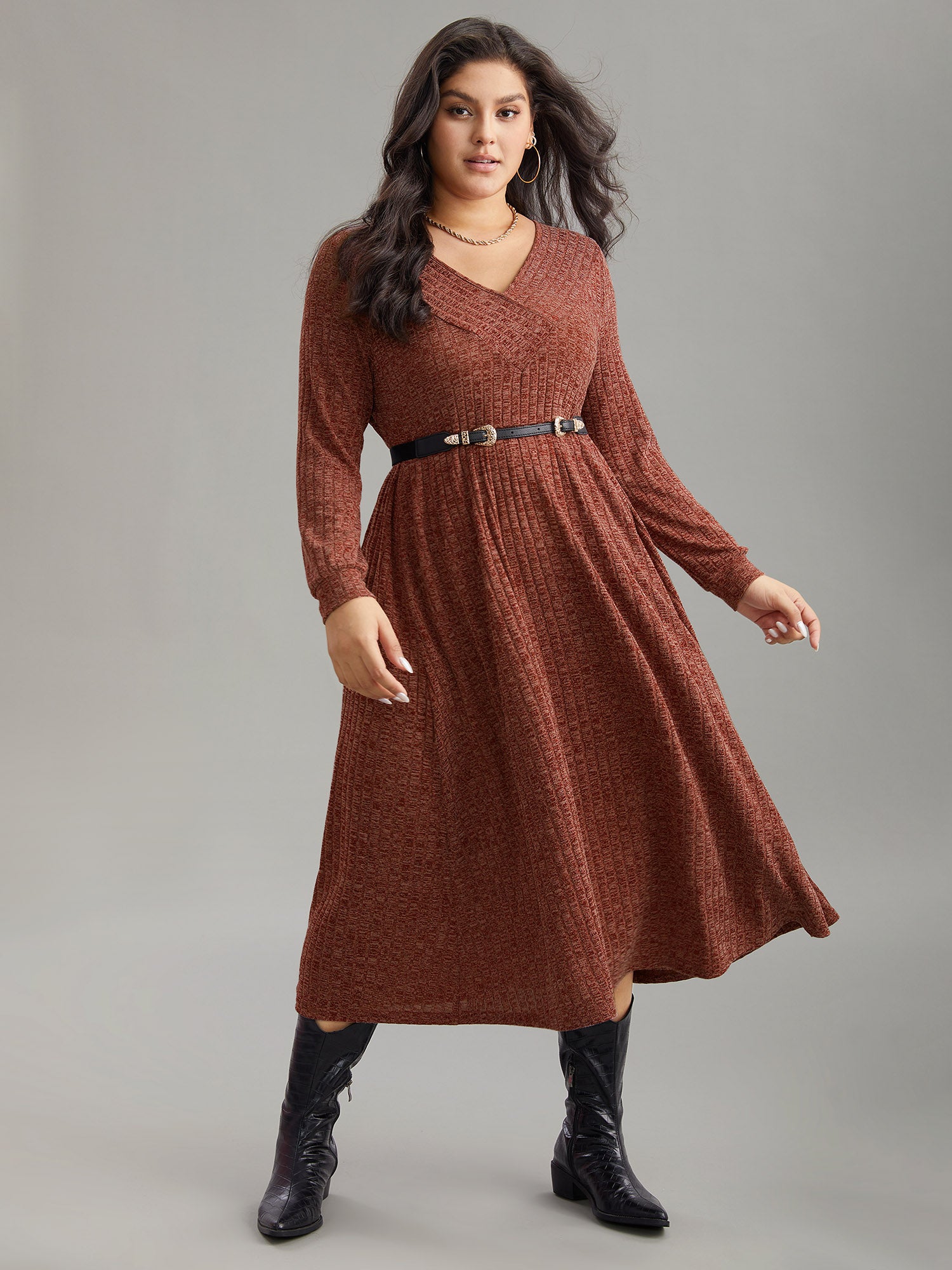 Rib Knit Plain Plisse Long Sleeve Dress