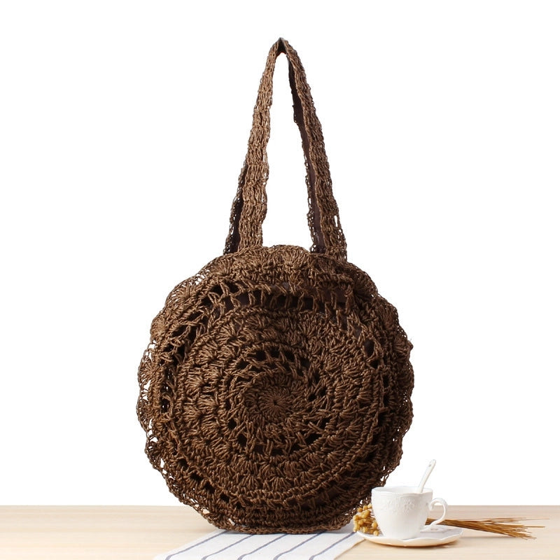 Women's Large Spring&summer Straw Solid Color Vacation Round Zipper Straw Bag
