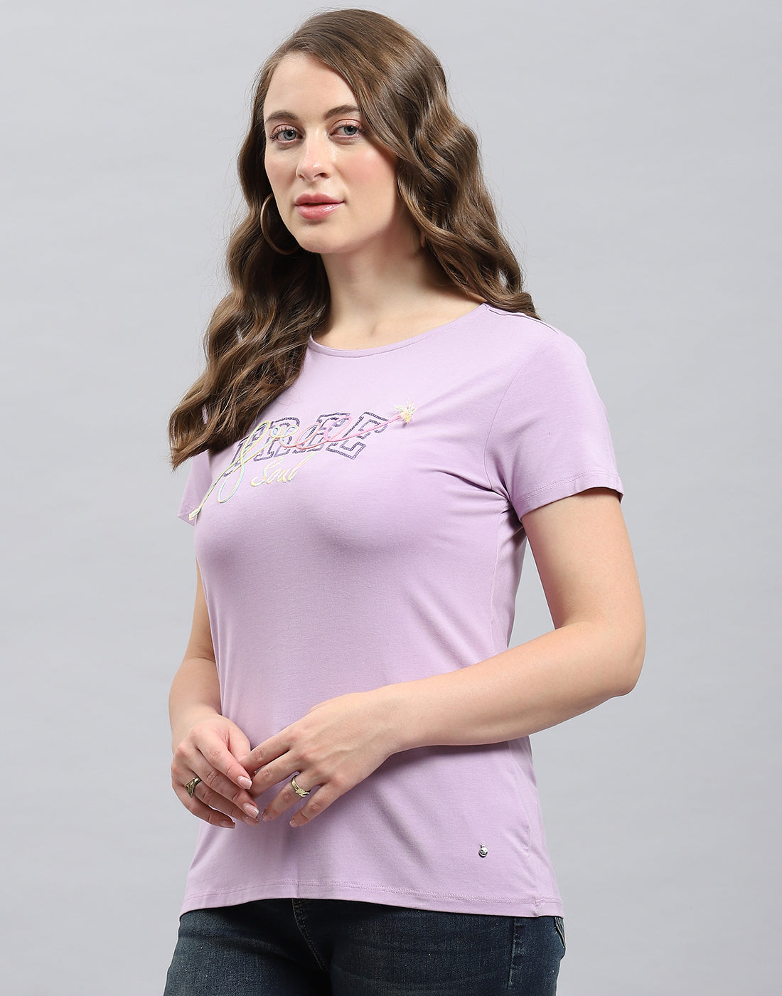 Women Purple Solid Round Neck Half Sleeve Top