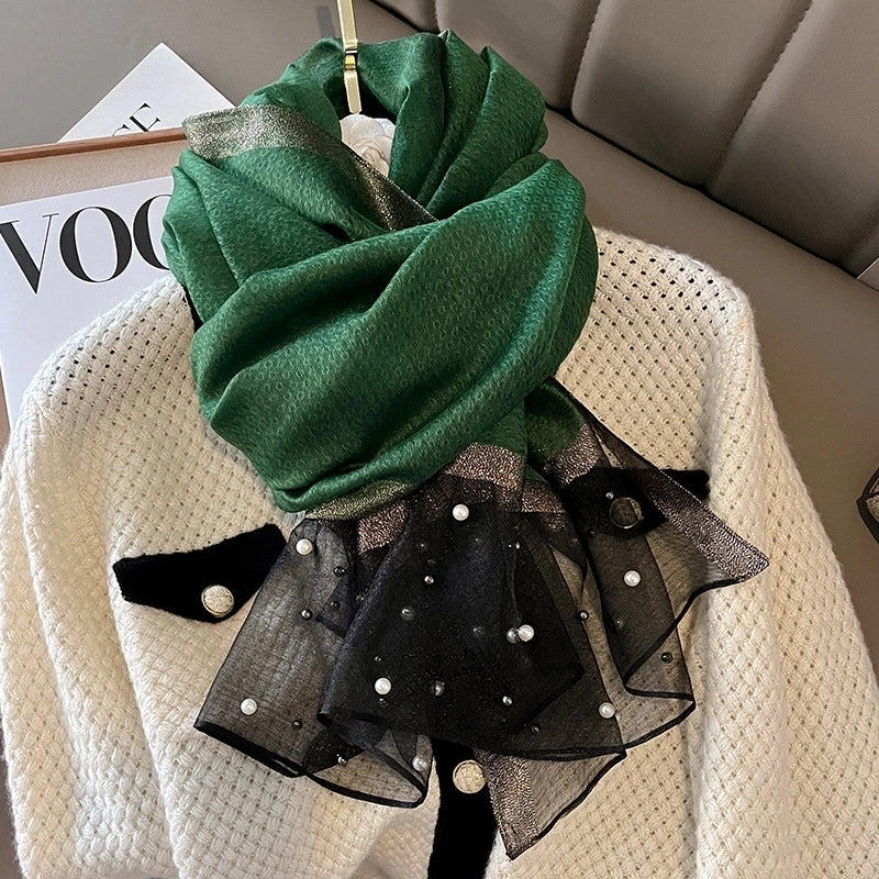 Women's Minimalist Color Block Satin Pearl Silk Scarf