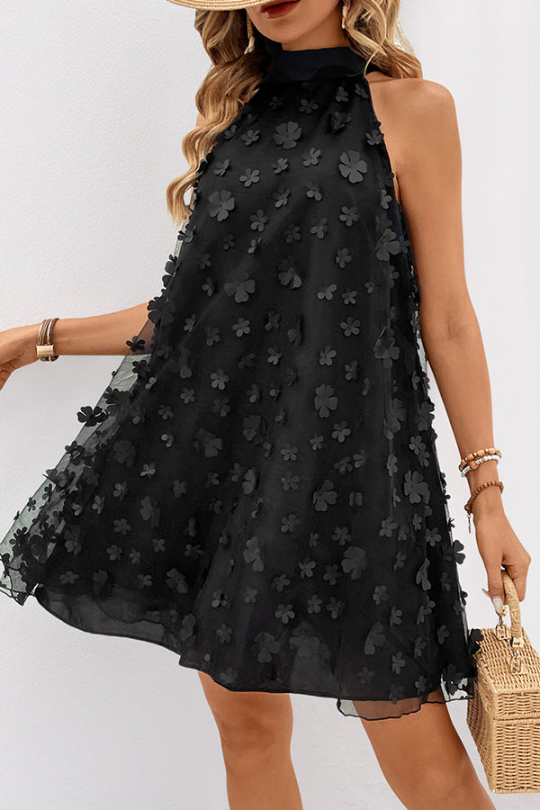 Flower Design Halter Neck Solid Mini Dress