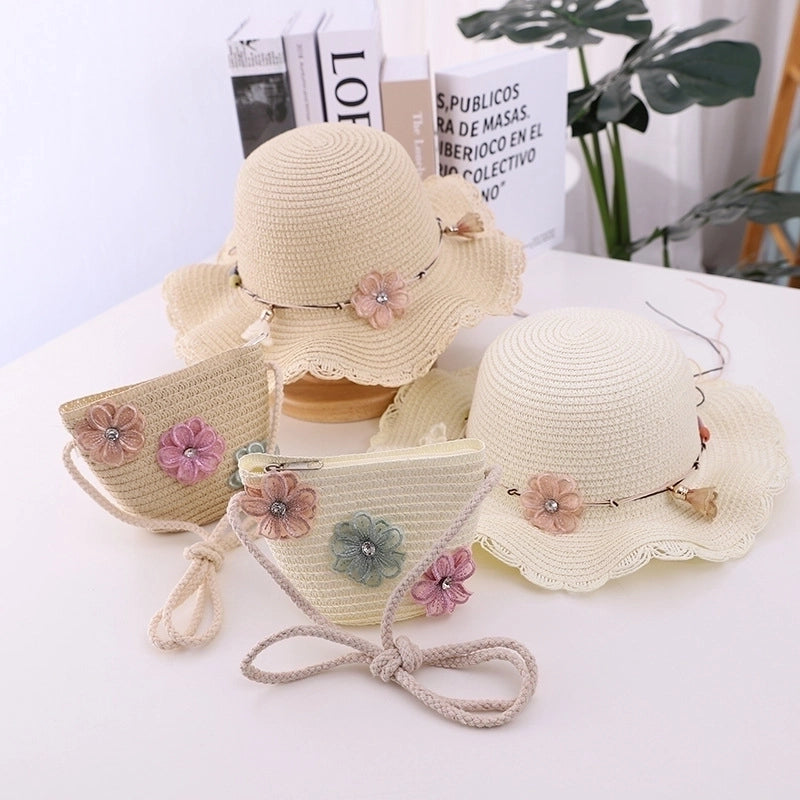 Fashion Flower Decoration Solid Color Children's Summer Beach Hat Sun Hat Straw Hat