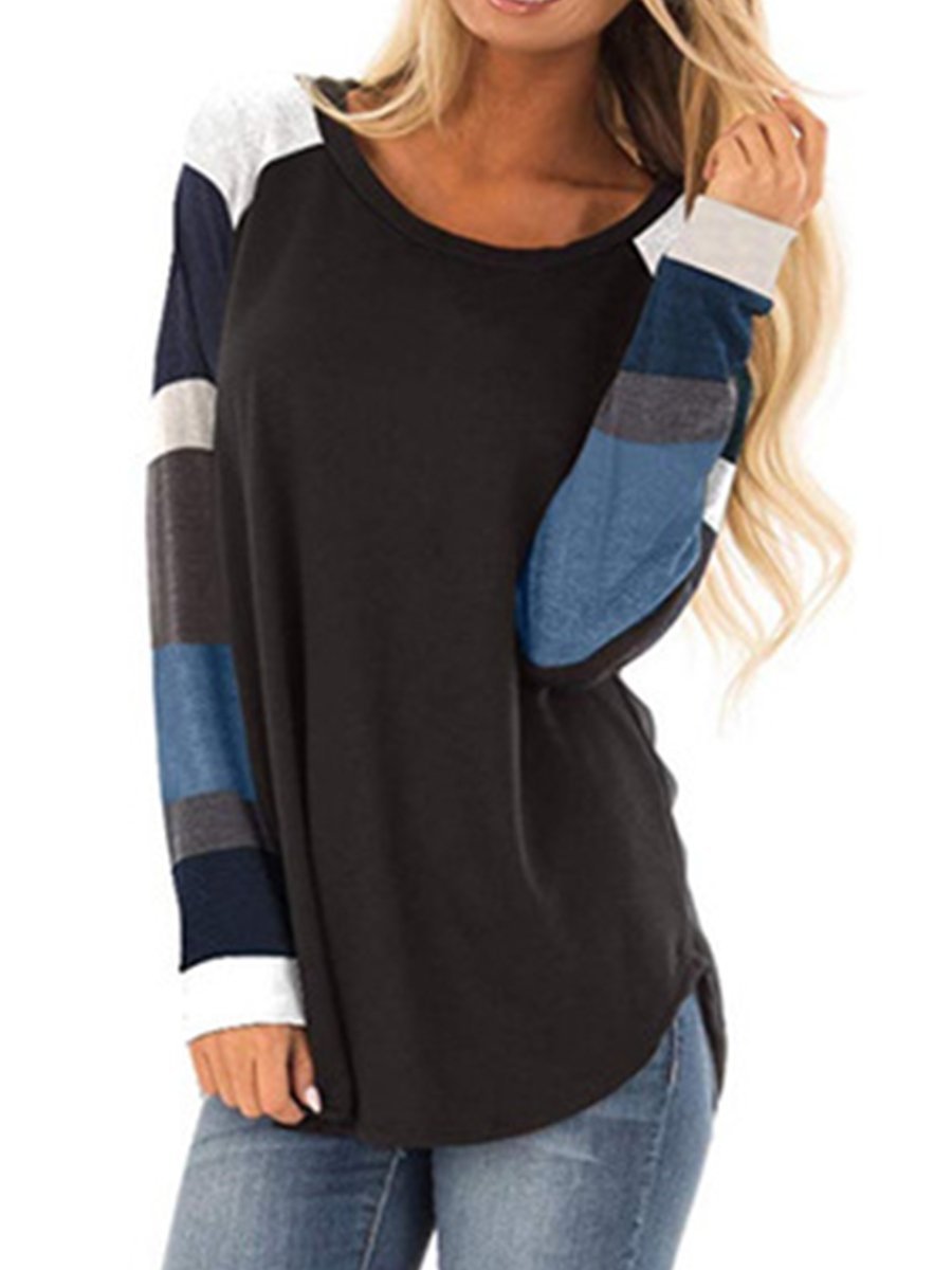 Round Neck Patchwork Stripes Long Sleeve T-Shirts