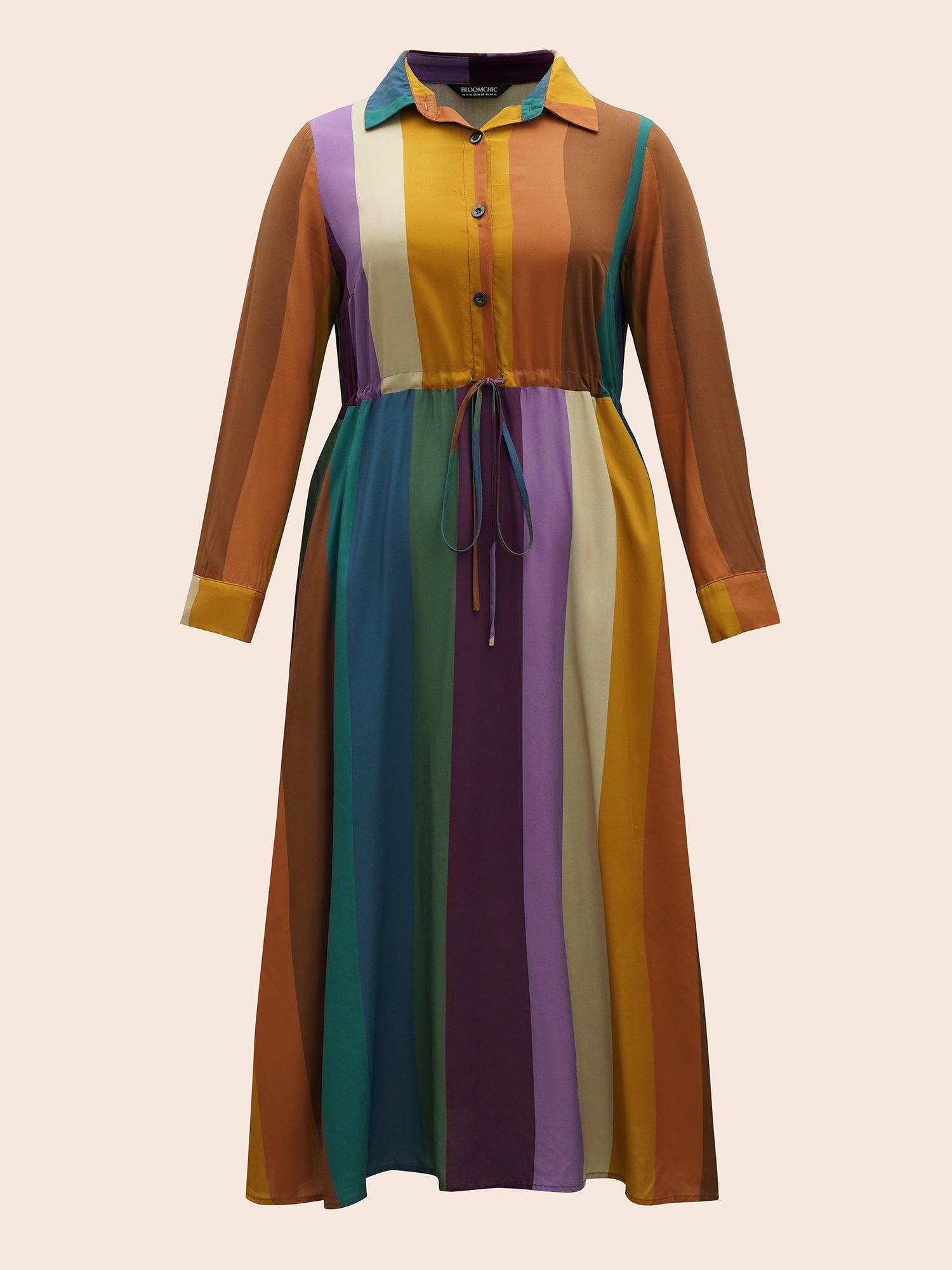 Colorblock Contrast Shirt Collar Drawstring Dress