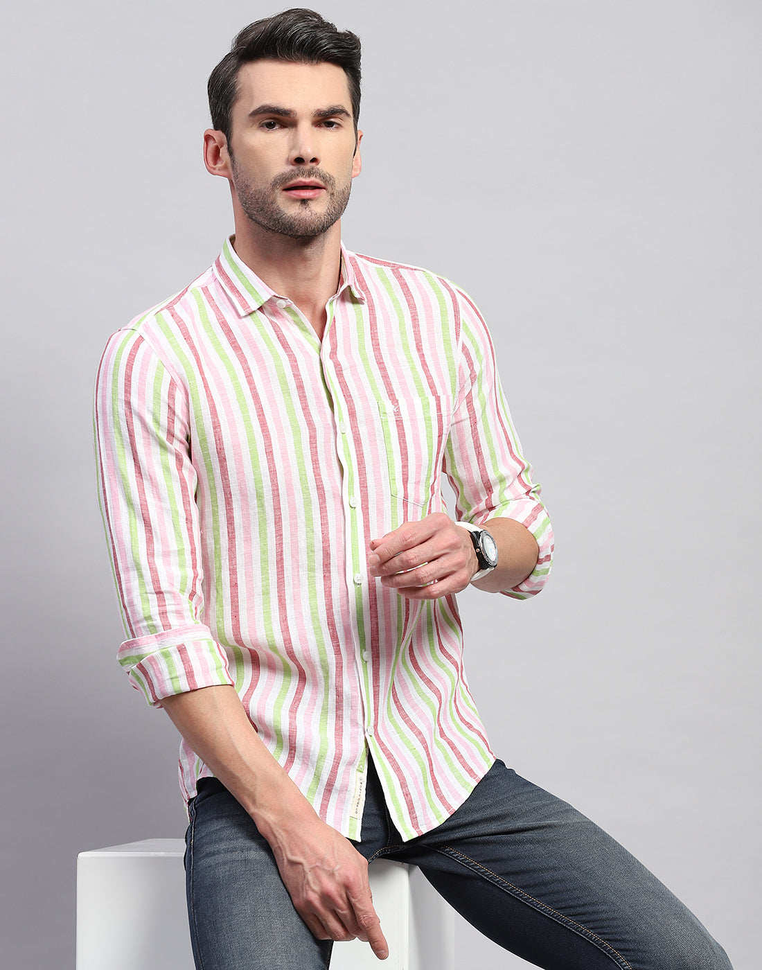 Men Red Stripe Collar Neck Full Sleeve Shirt