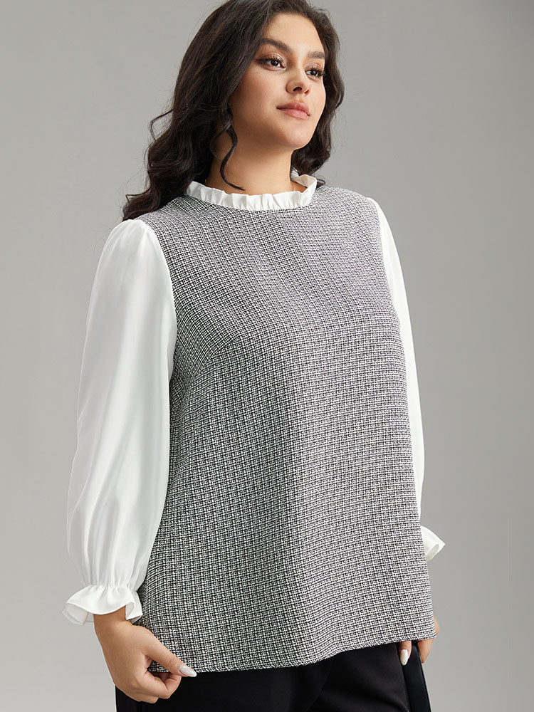 Gingham Ruffles Patchwork Frill Trim Blouse