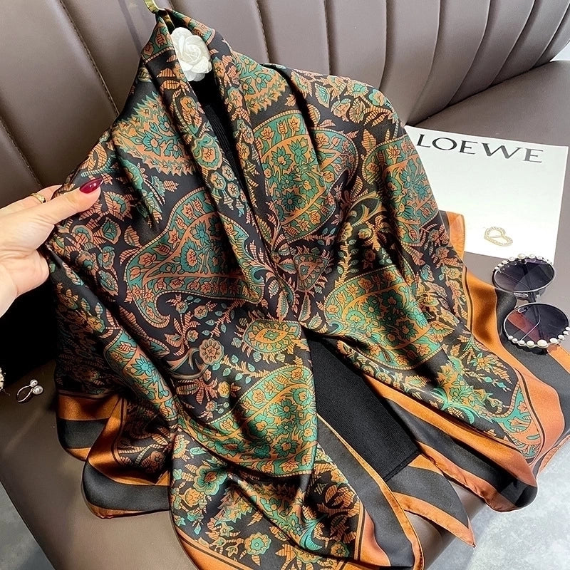 Classic Blue Orange Big Flower Simulation Silk Scarf Large Square Shawl