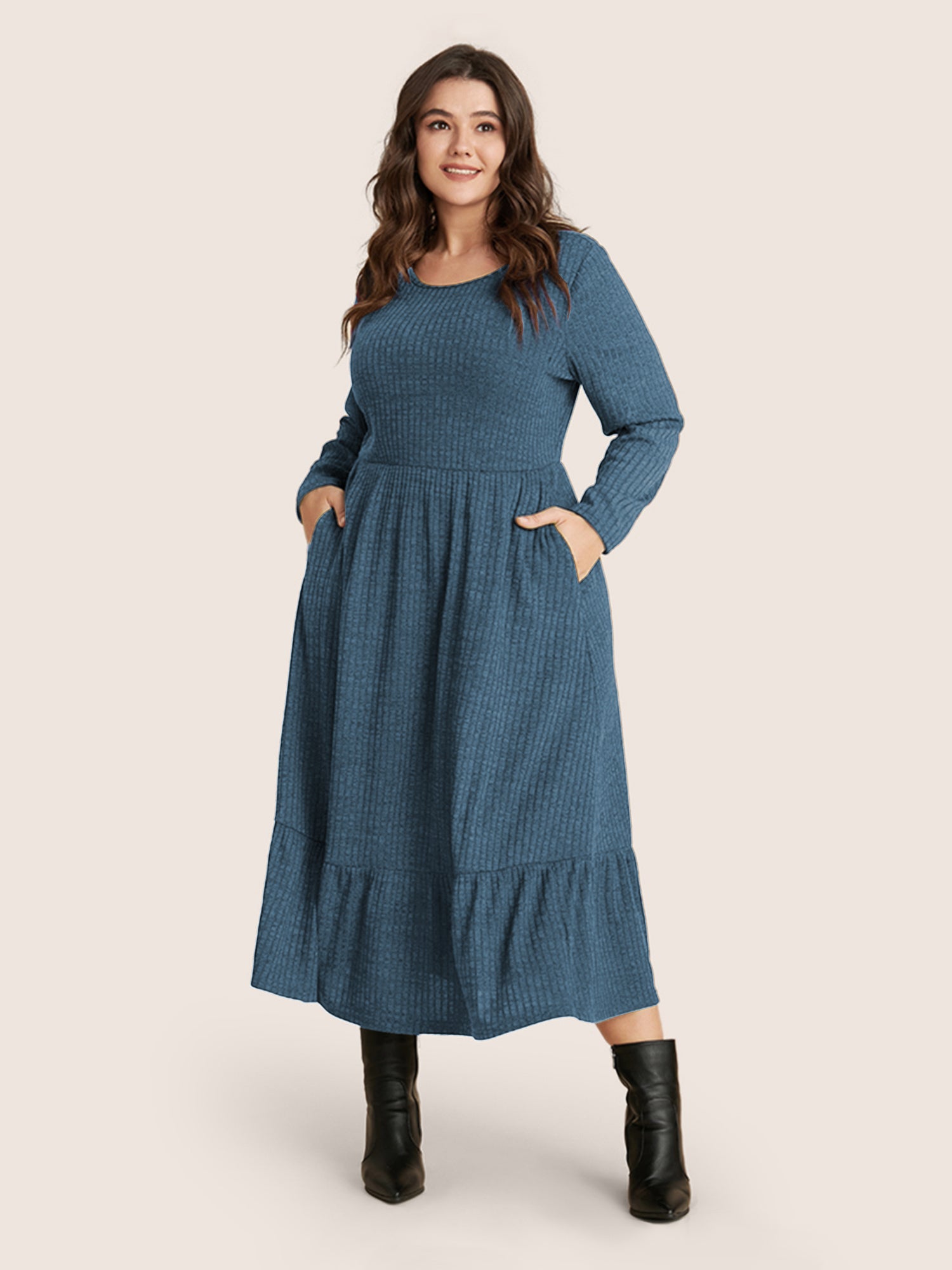 Solid Pocket Rib Knit Ruffle Hem Dress Without Belt