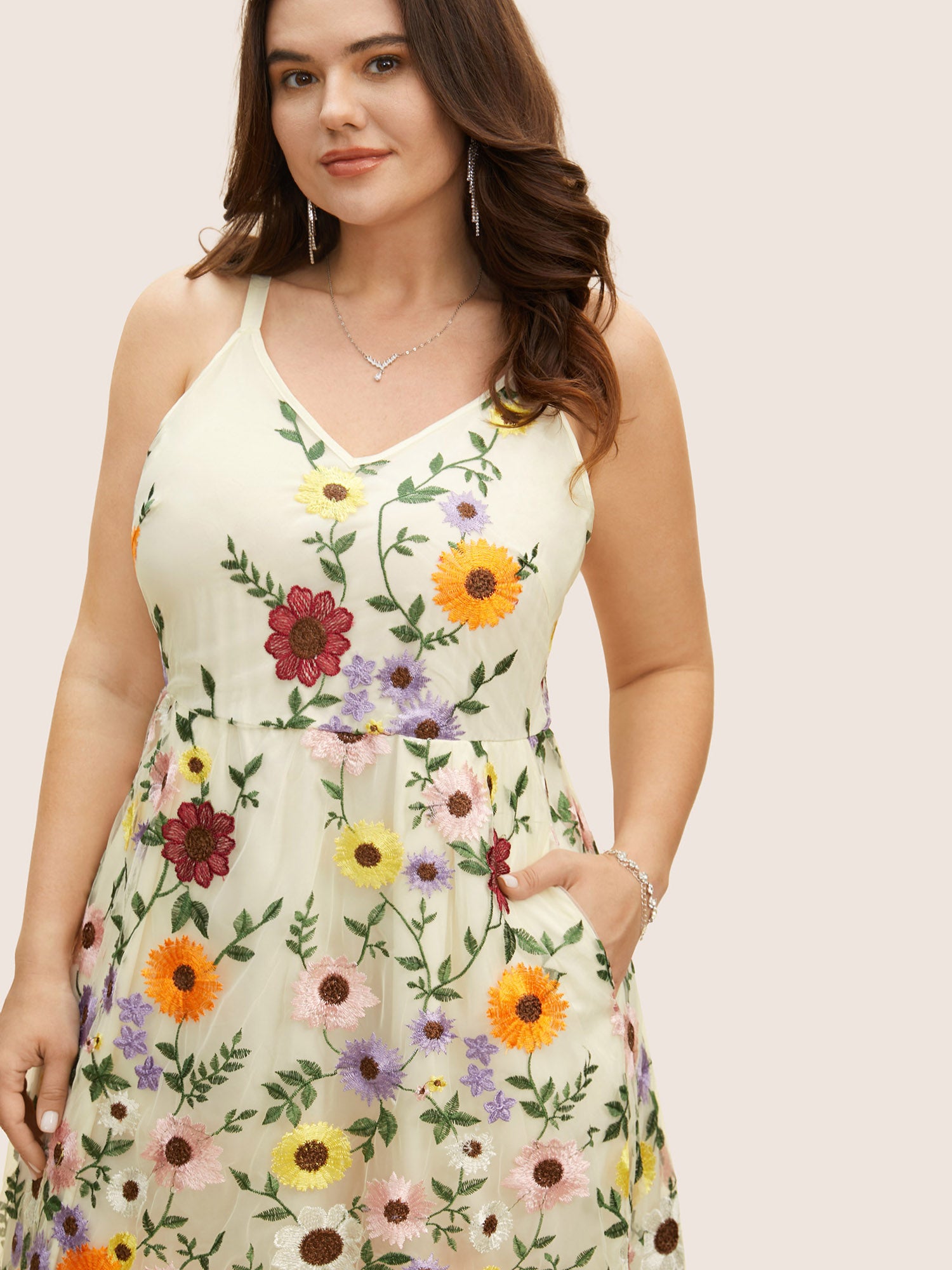 V Neck Floral Embroidered Mesh Cami Dress