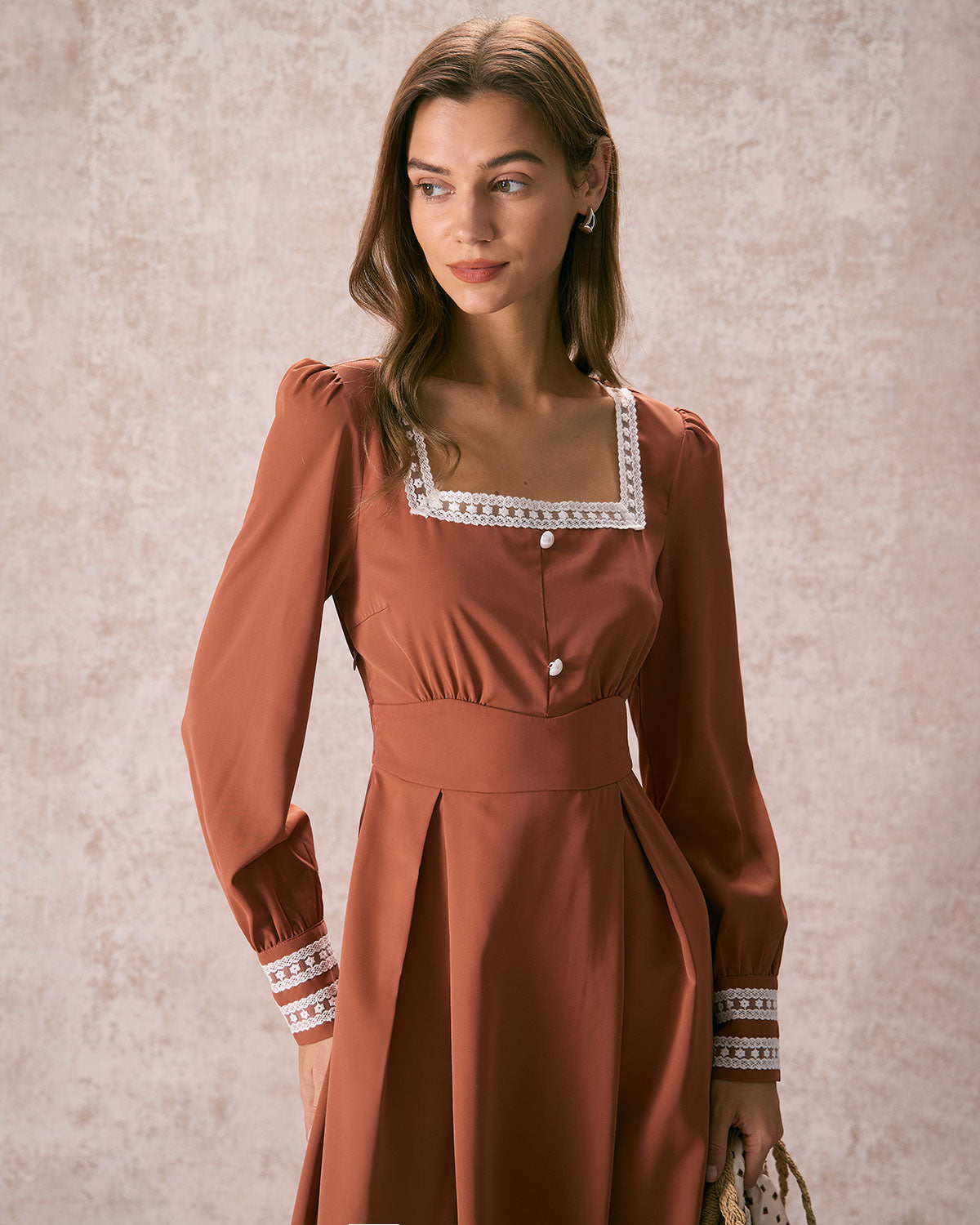 The Brown Square Neck Lace Trim Midi Dress