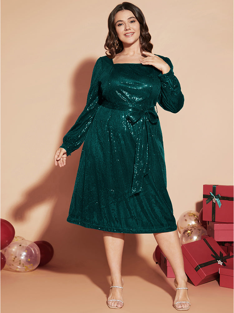 Solid Square Neck Lantern Sleeve Belted Sequin Dress