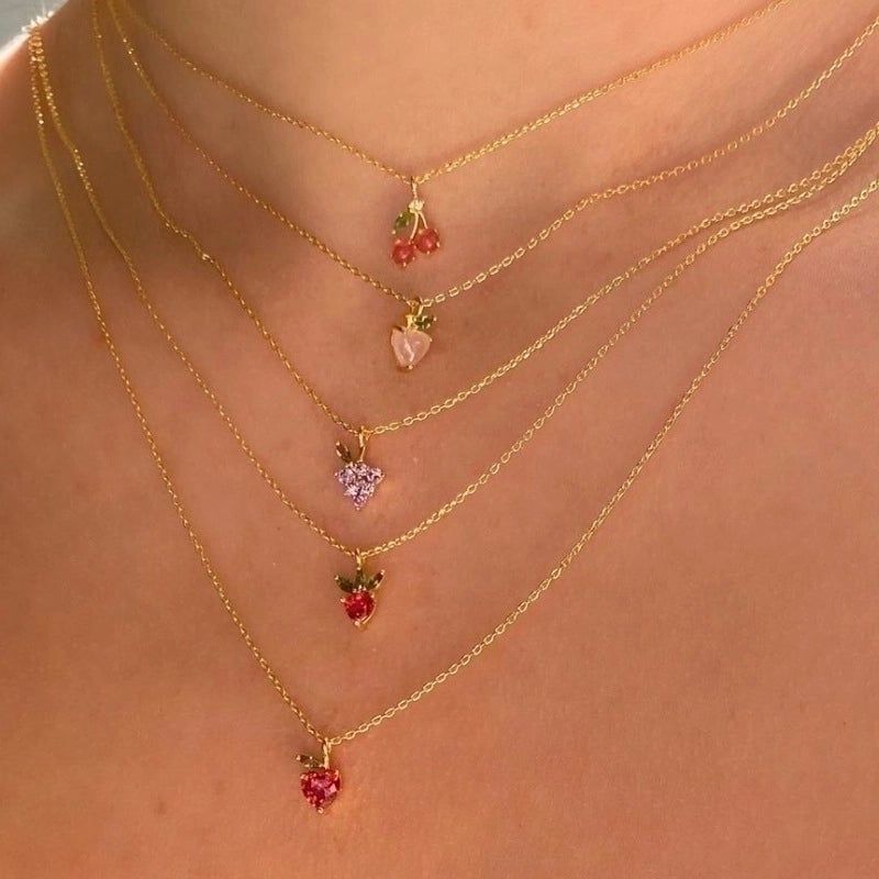 Cherry Peach Tropical Fruit Pendant Copper Inlaid Zircon Necklace