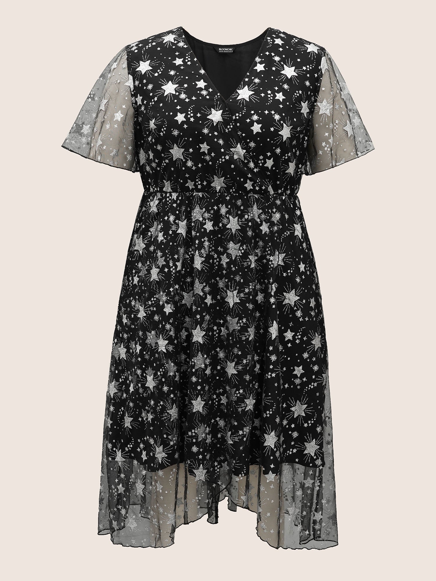 Glitter Star Mesh Patchwork Ruffle Sleeve Dress