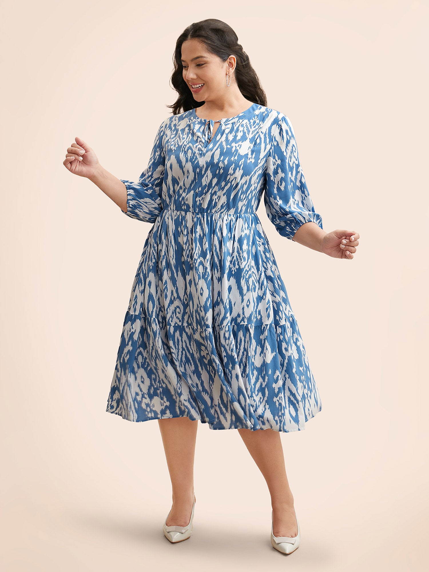 Boho Print Tie Knot Puff Sleeve Dress