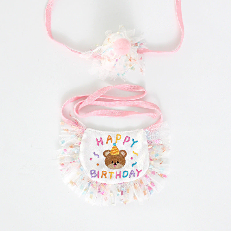 Birthday Bear Printed Dog Cat Bib&Hat Set