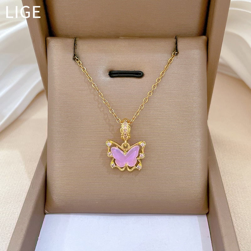 Pink Butterfly Zircon Gorgeous Full Diamond Necklace Female Versatile Clavicle Chain Titanium Steel Chain