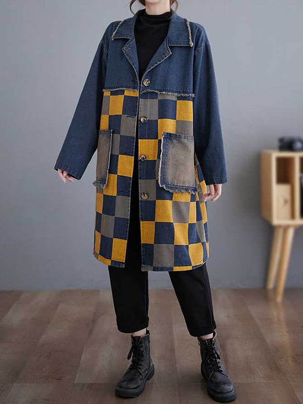 Long Sleeves Loose Buttoned Fringed Plaid Pockets Split-Joint Notched Collar Denim Outerwear