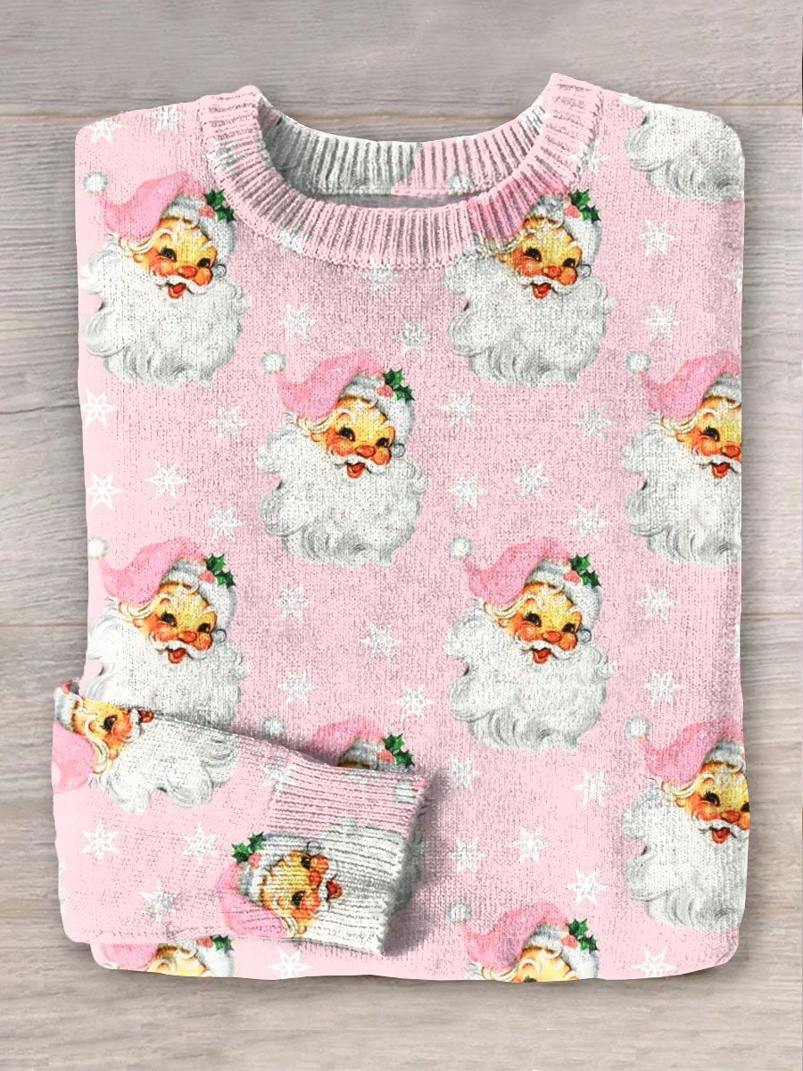 Pink Santa Christmas Winter Art Print Knit Pullover Sweater