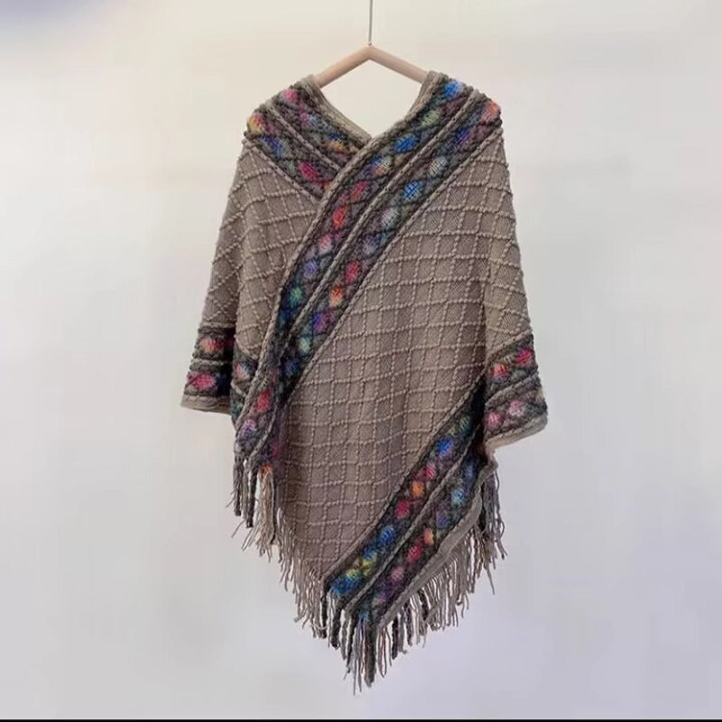 Rainbow Plaid Ethnic Style Cashmere-like Tassel Knitted Shawl For Women New Versatile Travel Warm Pullover Cape Manufacturer