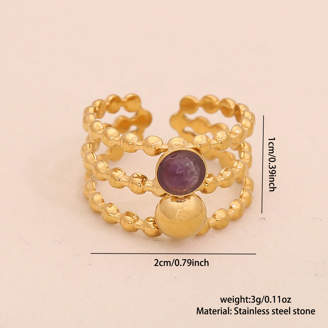 Retro Amethyst Natural Stone Ring Geometric Metal Style Open Ring R120