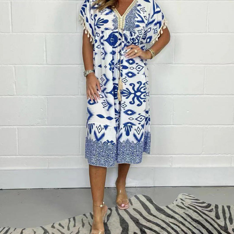 💕Printed Casual Dress With V-Neckline and Fringes on the Short Sleeves