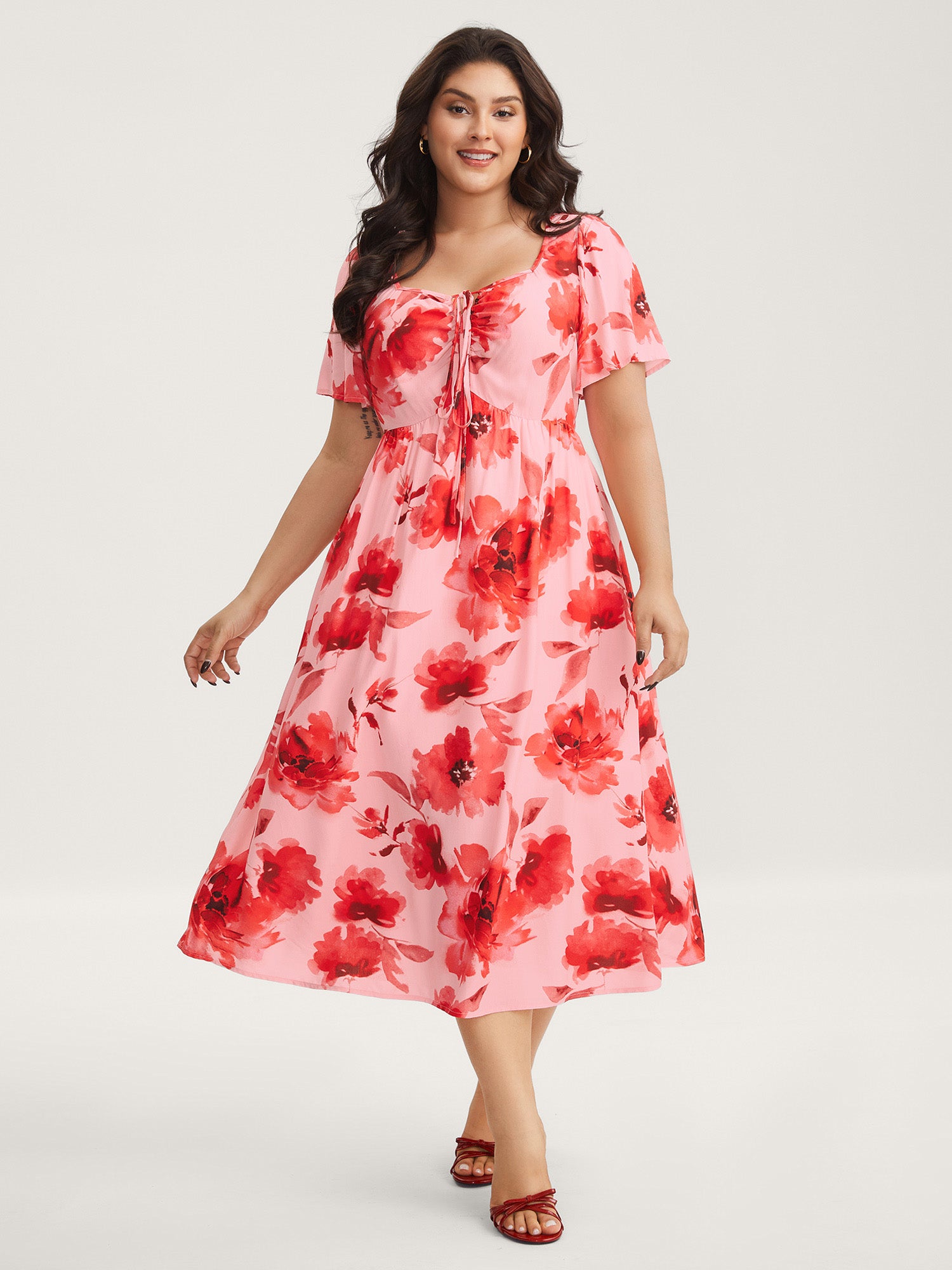 Rayon Romantic Floral Print Drawstring Midi Dress