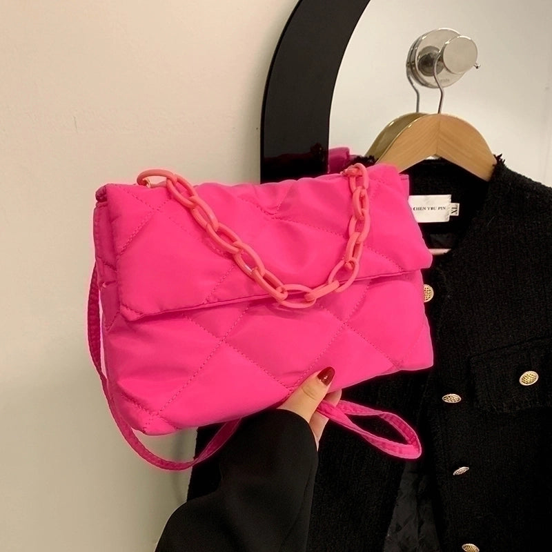 Women's Canvas Solid Color Fashion Quilted Chain Square Flip Cover Crossbody Bag