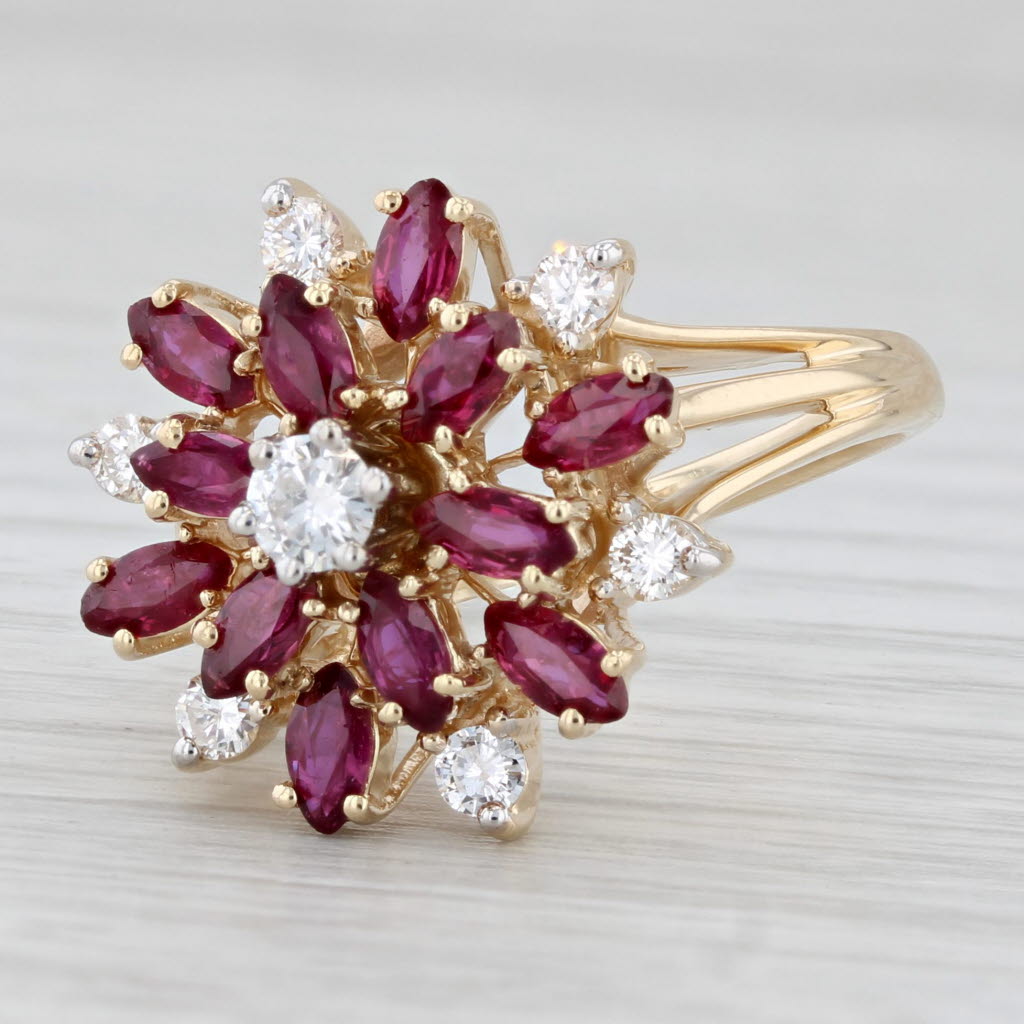 1.79ctw Ruby Diamond Cluster Flower Ring 14k Yellow Gold Size 8 Cocktail