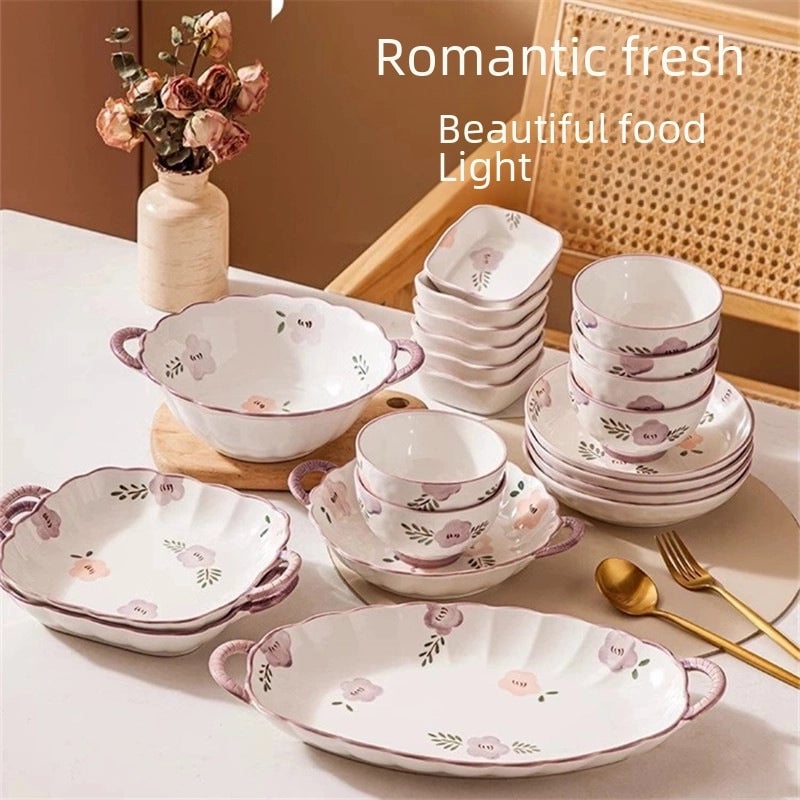 Purple Ceramic Bowl And Dish Set Household  Bowl And Dish Fresh Dinner Housewarming Dish Bowl And Chopsticks Set