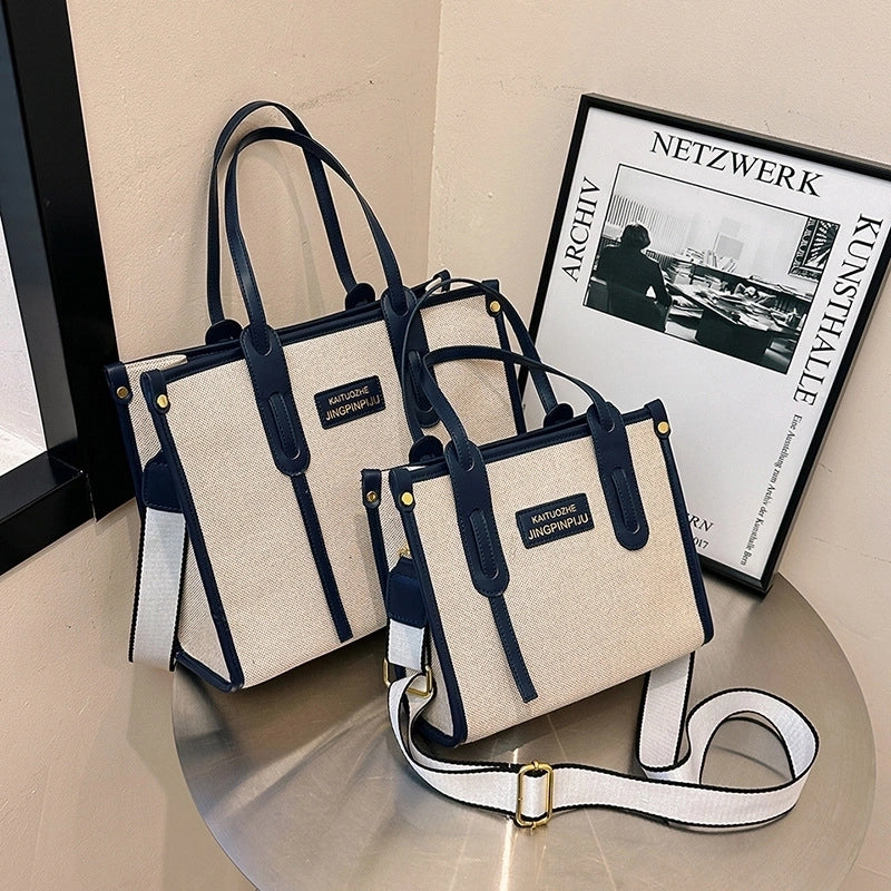 Women's Large Canvas Letter Elegant Square Zipper Tote Bag
