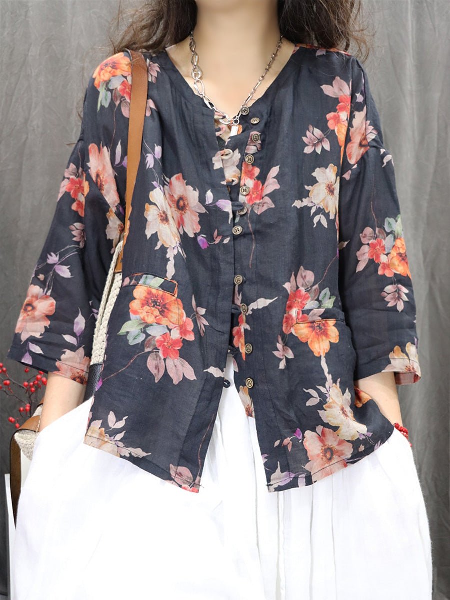 Women Spring Vintage O-Neck Buttoned 100%Ramie Shirt