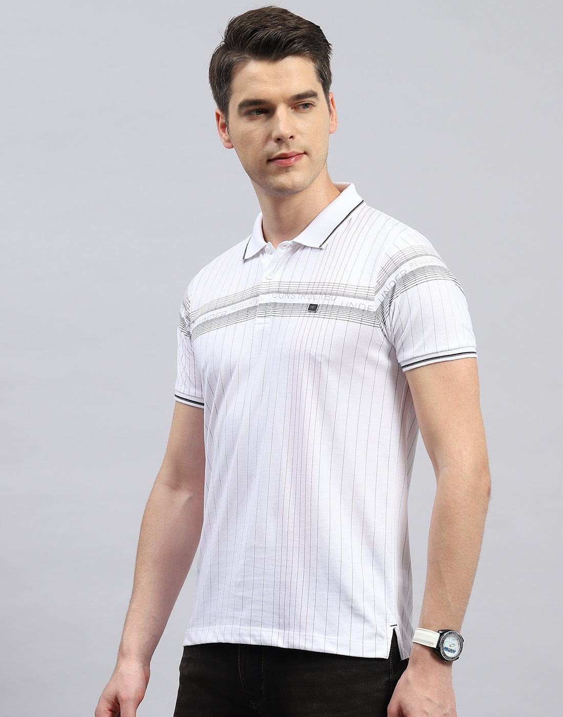 Men White Printed Polo Collar Half Sleeve T-Shirt