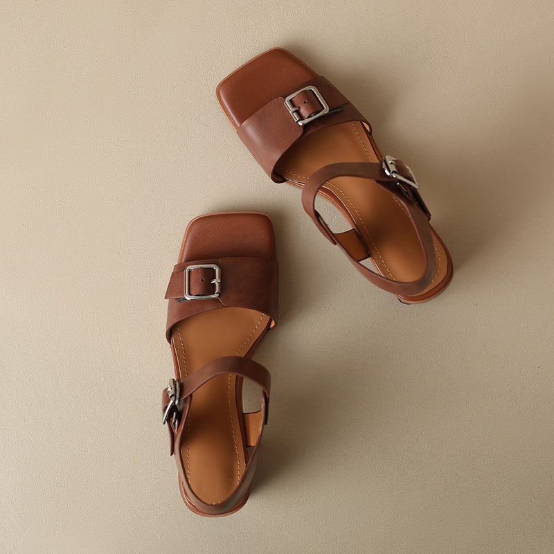 Summer Square Toe Open-Toe 50mm Block Heel Leather Sandals with Metal Buckle in Brown