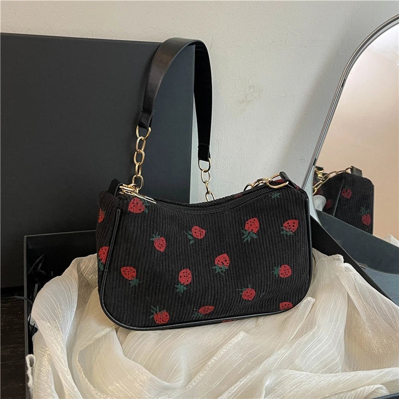 Women's Medium Corduroy Solid Color Strawberry Basic Classic Style Square Zipper Underarm Bag