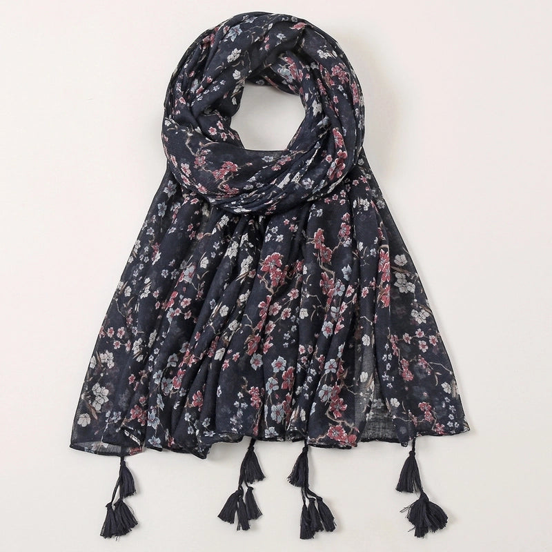 Women'S Sweet Flower Cotton And Linen Tassel Scarf