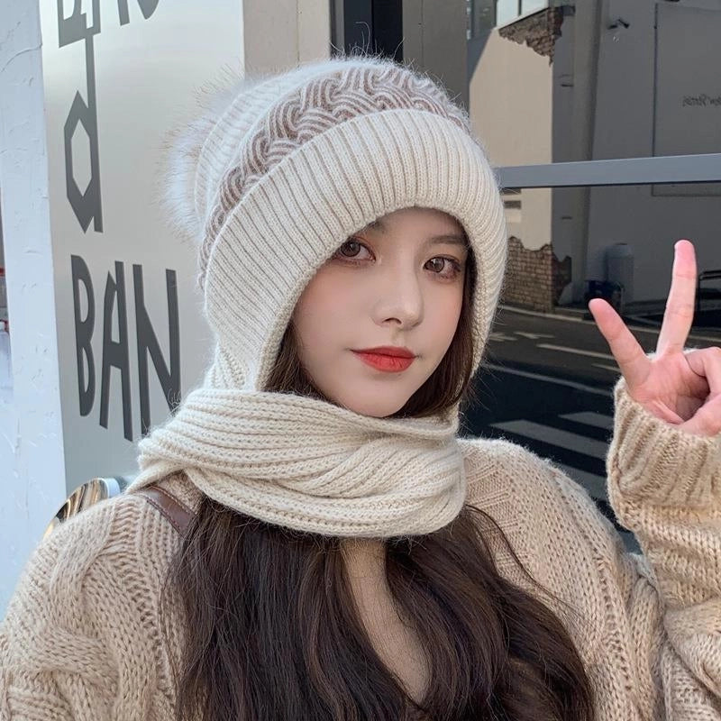 Hat Women's Autumn And Winter Korean-style Cute Knitted Hat Cold-proof Ear Protection Neck Protection Thickened Wool Hat Scarf -one Hat