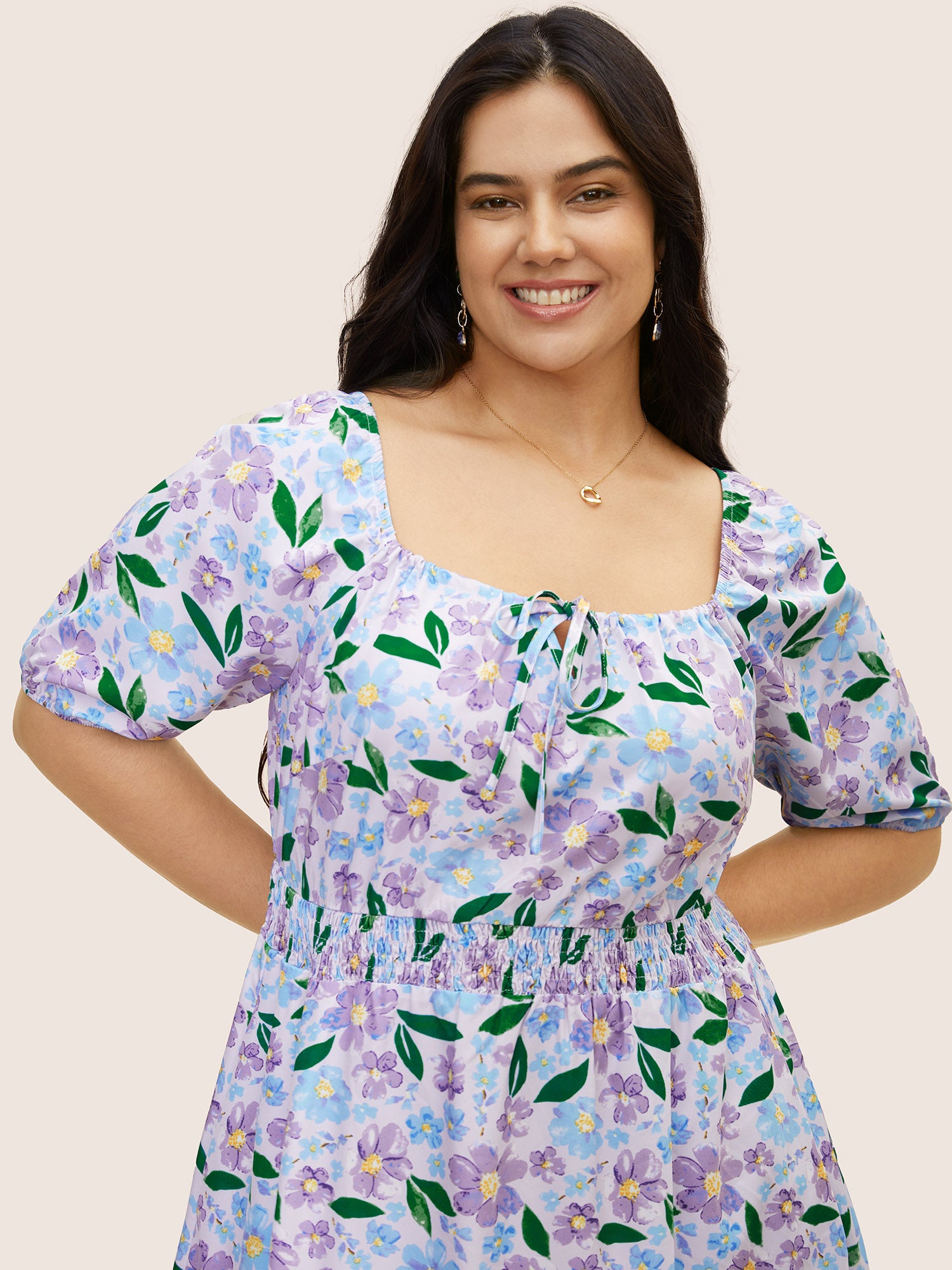 Floral Tie Knot Lantern Sleeve Midi Dress