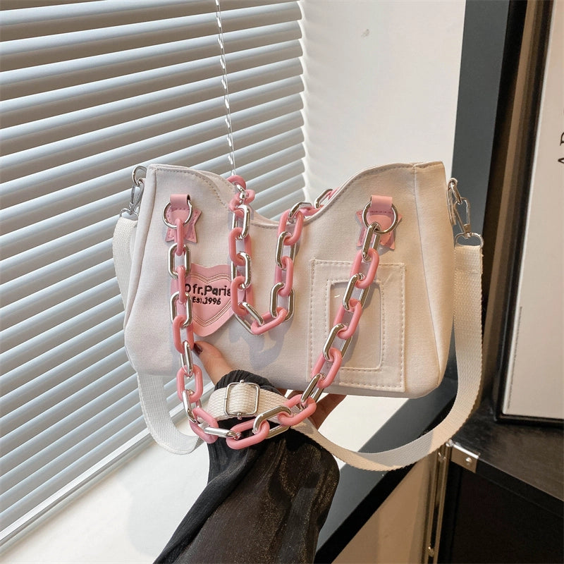 3 Pieces Women'S Canvas Letter Color Block Heart Shape Streetwear Chain Square Zipper Shoulder Bag Crossbody Bag
