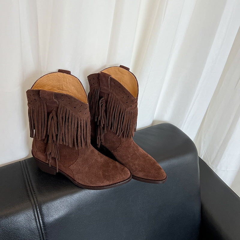Western Point Toe Cowgirl Boots With Tassels Handmade Boots in Black/Brown/Coffee