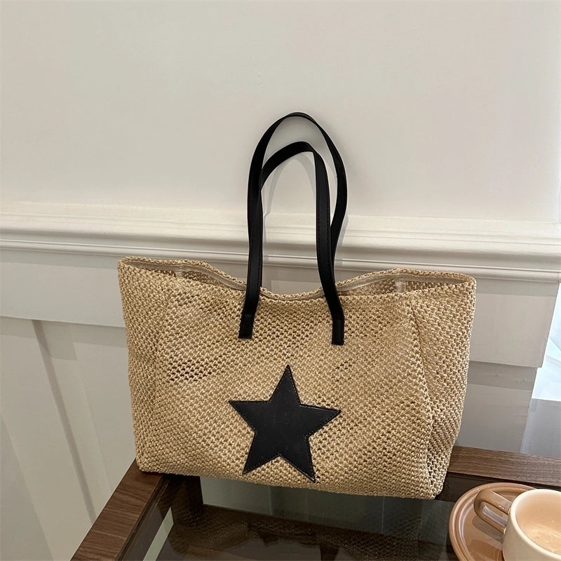 Women's Large Straw Star Elegant Square Magnetic Buckle Shoulder Bag