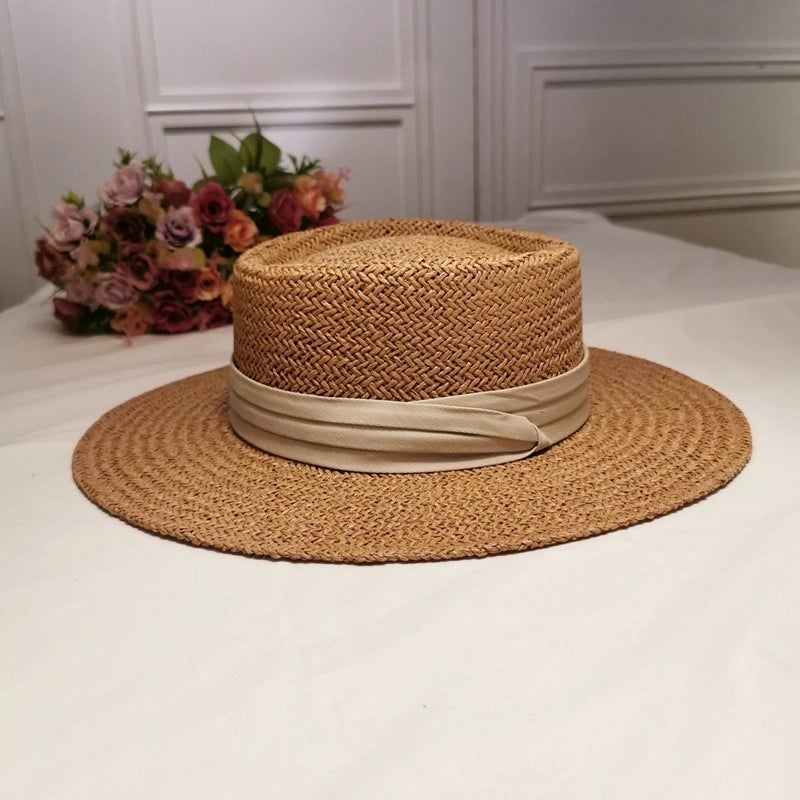 Hard Top Straw Hat Women's Summer Seaside Flat Top Big Brim Hat Leisure Holiday Beach Hat Flat Rim Ceremony Hat