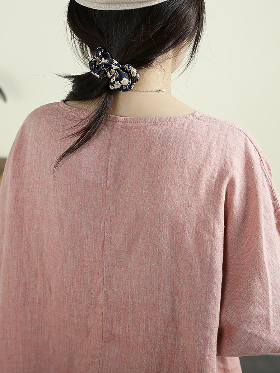 Women Summer Vintage Pure Color Spliced 100%Linen O-Neck Shirt