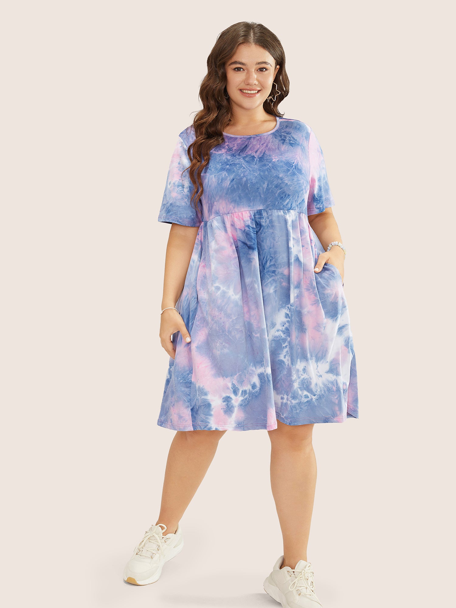 Tie Dye Pocket Ruffle Hem Knee Dress