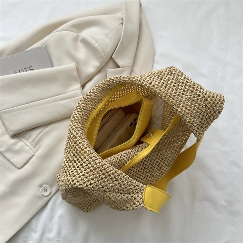 Women's Medium Pu Leather Straw Solid Color Vacation Beach Weave Square Magnetic Buckle Bag Sets Straw Bag