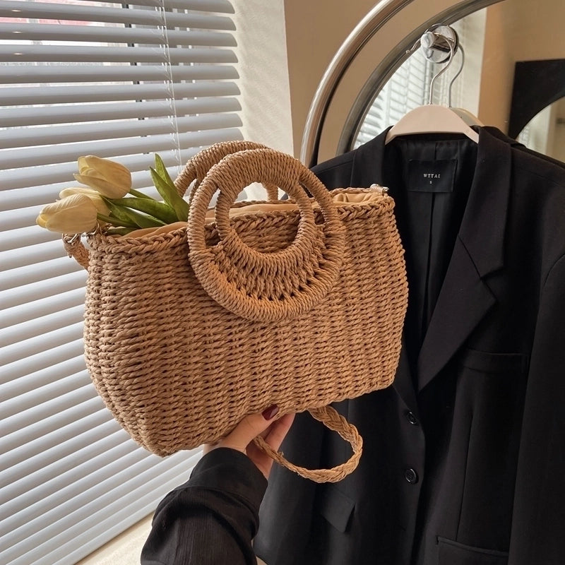 Women's Large Straw Solid Color Vacation Beach String Straw Bag